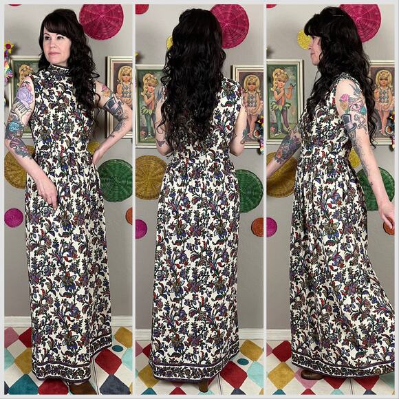 Vintage 1970s Floral Mock Neck Sleeveless A-Line Maxi Dress - Picture 3 of 7